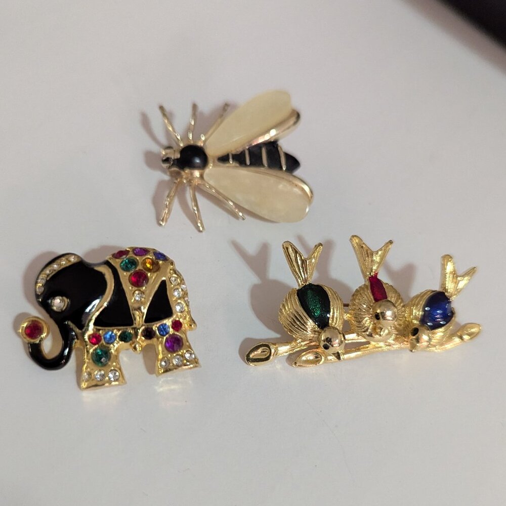 Vintage Lot of Brooches Enameled Gold Plated Birds* Bee* and Elephant